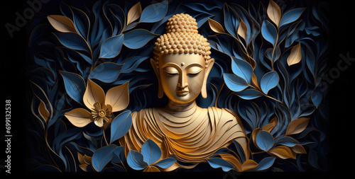 glowing golden buddha and golden abstract leaves on black background