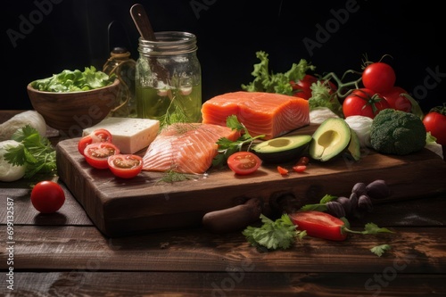 Healthy food background. Concept of Healthy Food, Chicken Fillet, Raw Meat, Fish, Avocado, Broccoli, Fresh Vegetables, Nuts and Fruits. On a wooden background. Copy space