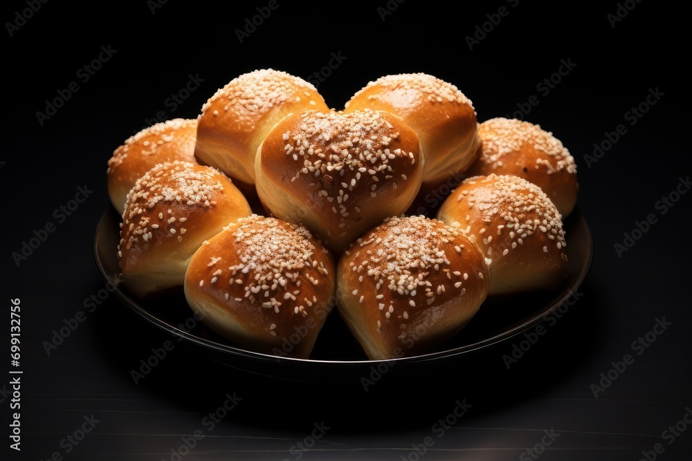 Heart shaped buns on black plate on black background