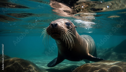 A cute sea lion swimming underwater, looking at the camera generated by AI © Stockgiu