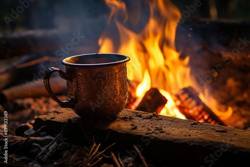 Golden hour in the wilderness Steaming coffee by the campfire