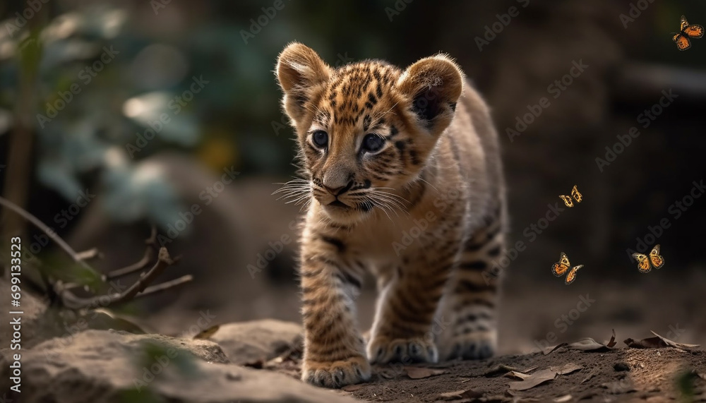 Obraz premium A cute young tiger cub walking in the tropical rainforest generated by AI