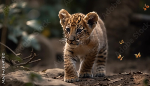 A cute young tiger cub walking in the tropical rainforest generated by AI
