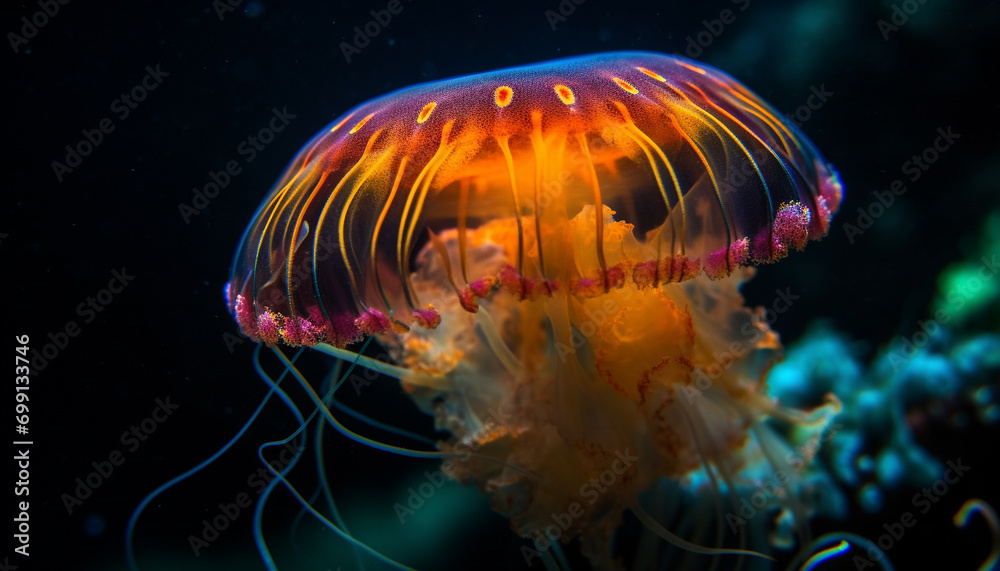 Fototapeta premium Glowing, transparent medusa swims in deep, dangerous, saltwater reef generated by AI