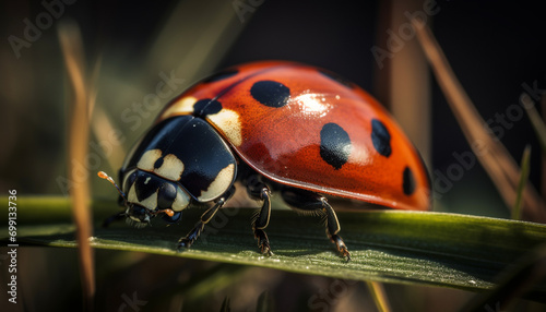 Ladybug crawls on green grass, showcasing its beauty in nature generated by AI