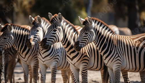 A striped zebra stands in a row on the African savannah generated by AI