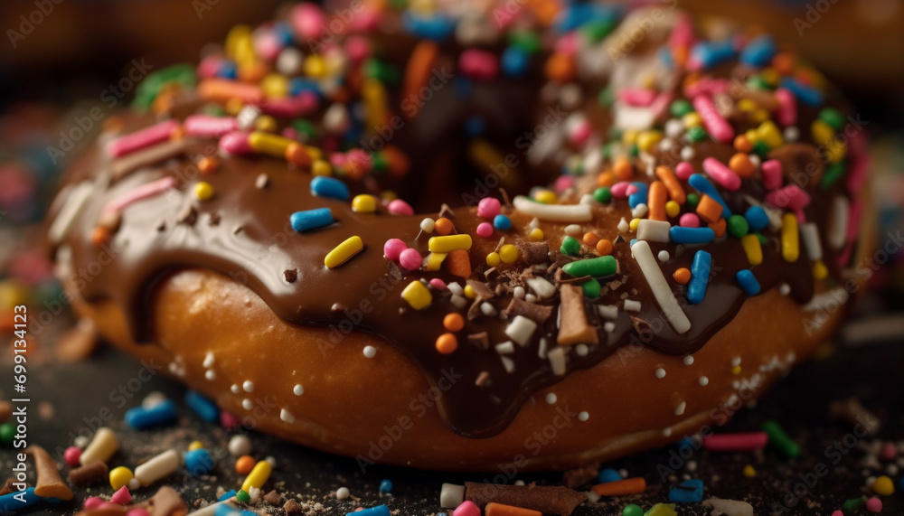 Multi colored gourmet donut with chocolate icing on a wooden table generated by AI