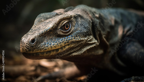 A close up portrait of a green iguana in the tropical forest generated by AI © Stockgiu