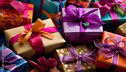 A large stack of wrapped gift boxes in various colors generated by AI