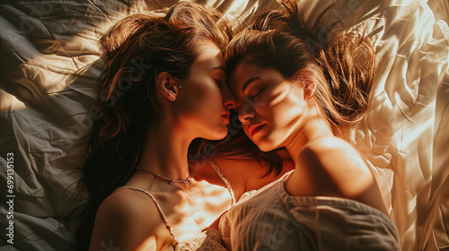 Loving couple of two women sleeping on the bed