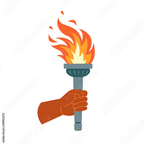 Burning torche with  flame in hand. Symbols of olimpic games, relay race, competition victory, champion or winner. Vector isolated illustrated 