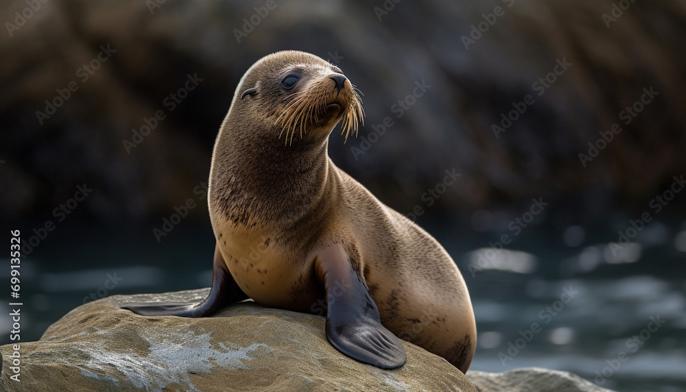 Fototapeta premium Cute sea lion resting on wet rock, looking at camera generated by AI