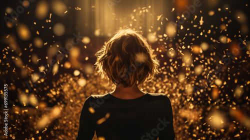 blonde woman in the golden confetti rain 