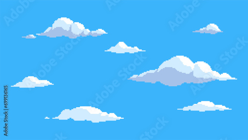 Pixel cloud set. Flying clouds on blue sky. 8-bit sky, retro style cloudy scene. 16 bit video game elements vector collection.