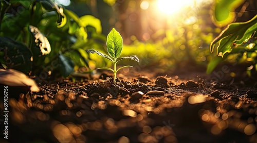 Planting forests, planting trees. Small green plant sprouts from the ground in the sun light photo