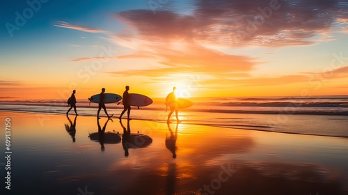 Generative AI-Generated Image: Surfers Embracing the Vibrant Colors of a Beachside Sunset.