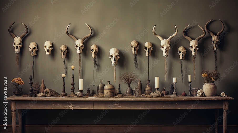 Fototapeta premium Old skull sculpture show in a showcase, Ai generated.