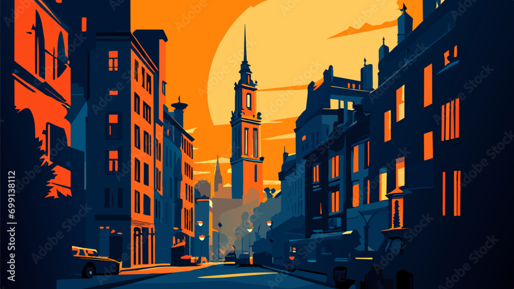 Obraz premium A cityscape with a historic clock tower. vektor icon illustation