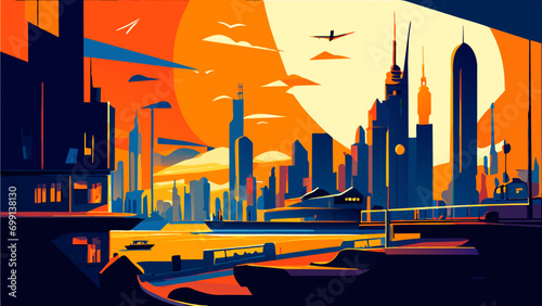 A cityscape with a bustling harbor. vektor icon illustation