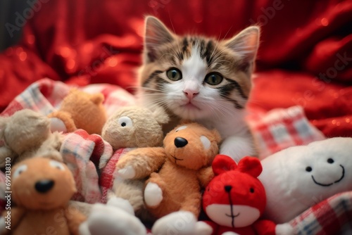 Cute little kitten with toys on red background, close-up © Cuong