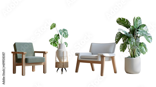 Fototapeta Naklejka Na Ścianę i Meble -  Set of interior furniture in 3d rendering. Armchair and plant in 3d rendering.