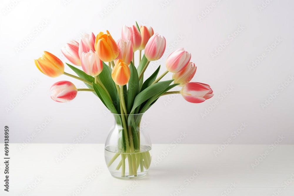 very beautiful tulip flowers in a vase on the table, white background very beautiful tulip flowers in a vase on the table, white background