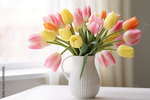 very beautiful tulip flowers in a vase on the table, white background