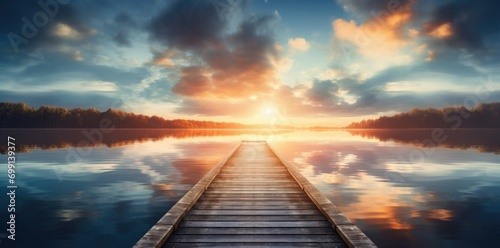 a wooden pier over a calm lake during sunrise