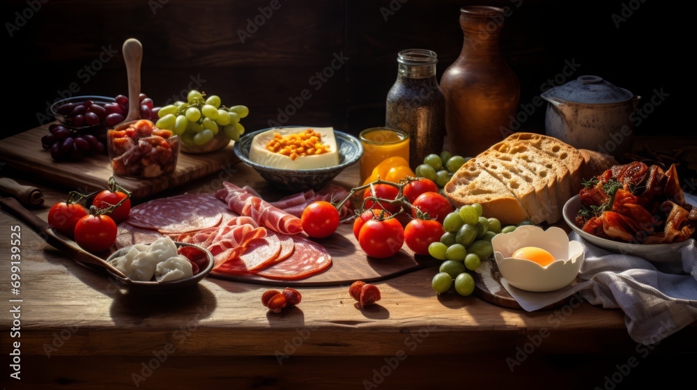 spanish breakfast on wooden table, studio lighting, food photography, 16:9