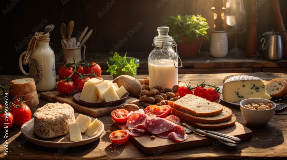italian breakfast on wooden table, studio lighting, food photography, 16:9