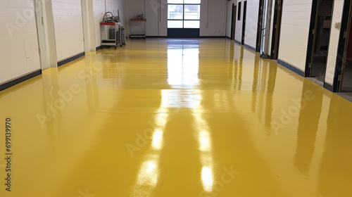 New shiny epoxy resin floor in a large, brightly lit room. Office, warehouse, production workshop after renovation. photo