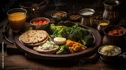 Indian breakfast on wooden table, studio lighting, food photography, 16:9