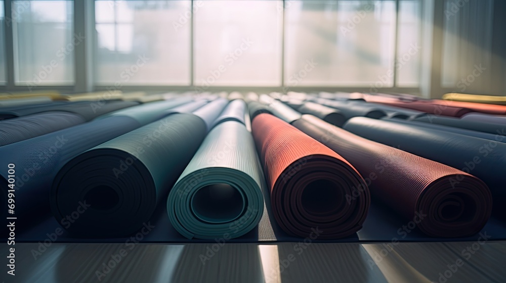 Colored yoga mats are rolled into a roll in an empty gym of a fitness center. Brightly lit large room for sports and relaxation. - obrazy, fototapety, plakaty 