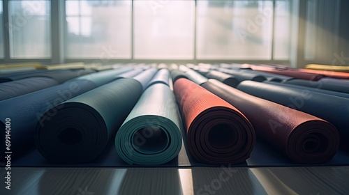 Colored yoga mats are rolled into a roll in an empty gym of a fitness center. Brightly lit large room for sports and relaxation.