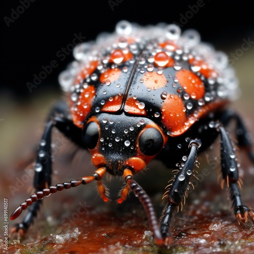 Macro image of a red ladybug with water drops on its body