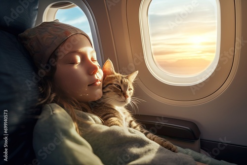 A young beautiful woman sleeps near an airplane window hugging a cat during a flight. A tired girl dozes on an airplane with a view of the sunset, dawn. photo