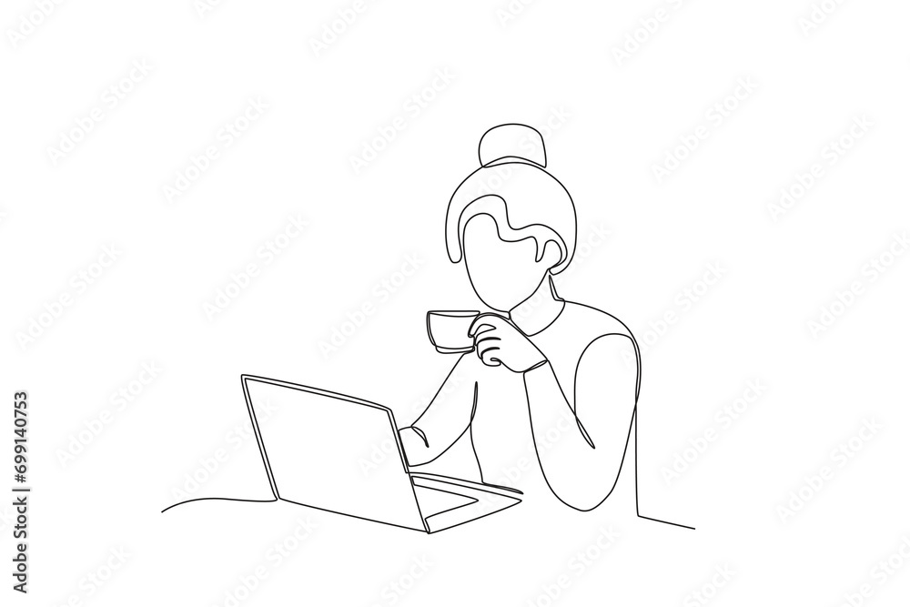 Single continuous line drawing of Woman working from home drinking coffee. Remote work from home. Online education, studying student. One line draw graphic design vector illustration
Single continuous line drawing of Woman working from home drinking coffee. Remote work from home. Online education, studying student. One line draw graphic design vector illustration