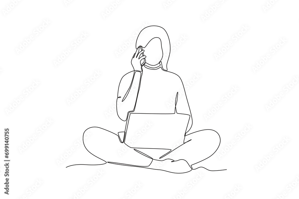 Single continuous line drawing of Woman taking phone call while working from home. Remote work from home. Online education, studying student. One line draw graphic design vector illustration
Single continuous line drawing of Woman taking phone call while working from home. Remote work from home. Online education, studying student. One line draw graphic design vector illustration