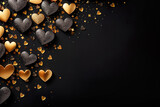 golden and black hearts with golden glitter on black ground with space for text, valentines day background
