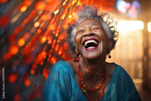 Charming elderly black woman laughs sincerely