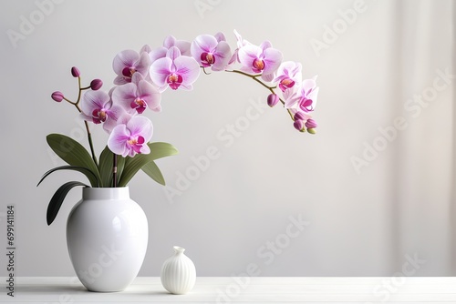 very beautiful pink orchid flowers in a vase on the table  white background