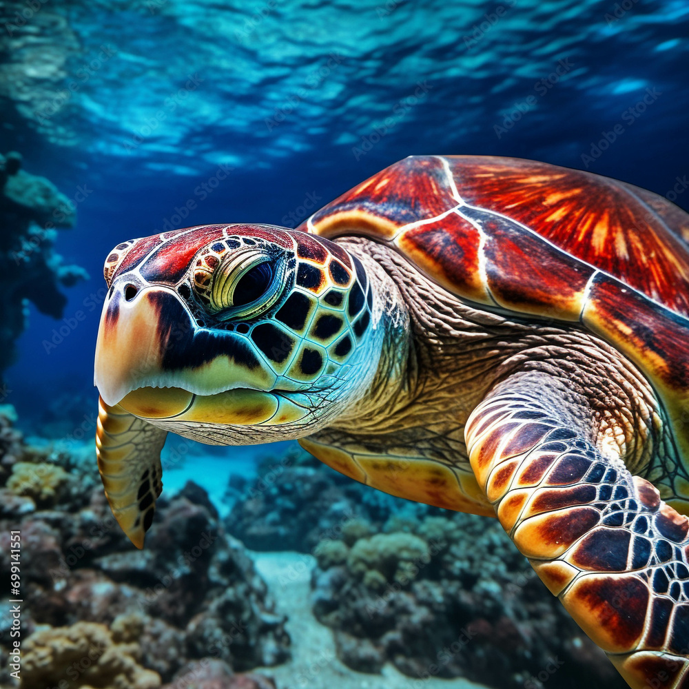 Obraz premium Image of a sea turtle swimming in the sea.