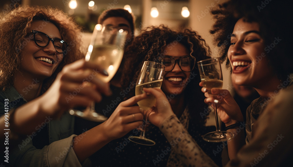 A group of young adults smiling, celebrating, and enjoying a party generated by AI