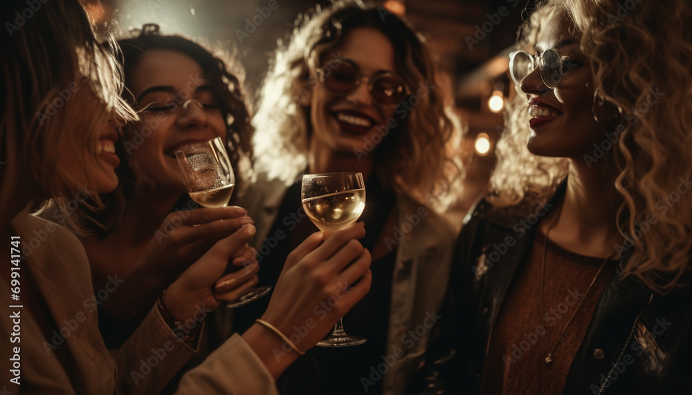 Smiling women enjoy friendship, fun, and celebration at a party generated by AI