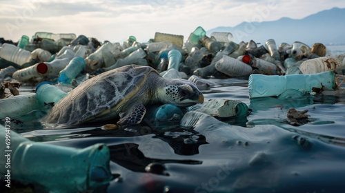 sea turtle on the beach with garbage, plastic waste, Environmental pollution photo