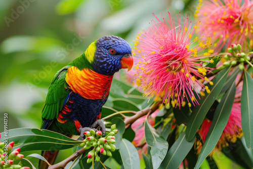 Photo of a colorful lorikeet perched in a flowering gum tree, vibrant against the lush greenery of an Australian rainforest