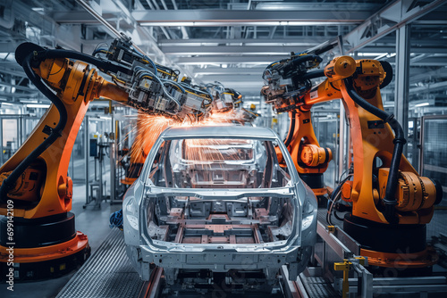 Robotic assembly line of industrial car production. Generative AI
