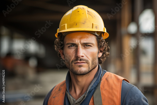 Photograph of a young construction worker, male, 39 years old, Caucasian, wearing a safety helmet and work clothes, against the backdrop of a construction site, focusing on his confident and concentra