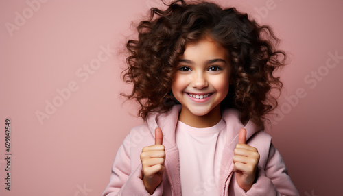 Smiling child with curly hair, looking at camera, radiates happiness generated by AI