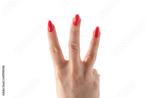 Closeup of female hand with pale skin and red nails pointing or touching isolated on a white background.